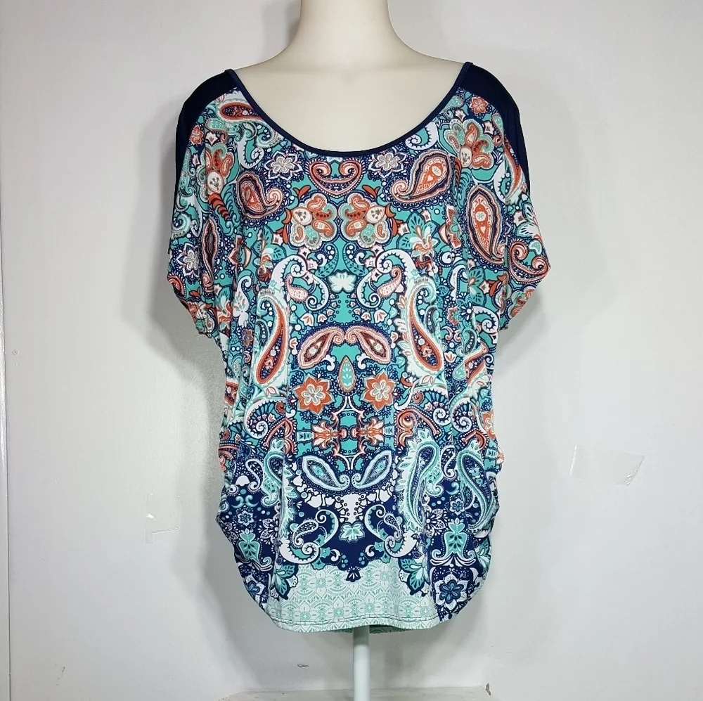 Orange and Blue Relaxed Dolman Sleeve Blouse - Picture 4 of 6